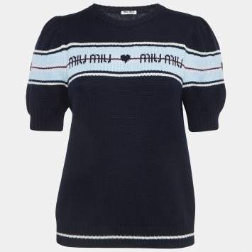Pre Owned Miu Miu Navy Blue Logo Intarsia Knit Top M