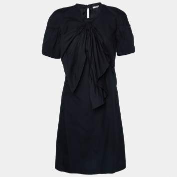 Pre Owned Miu Miu Black Cotton Bow Neck Detail Mini Dress S