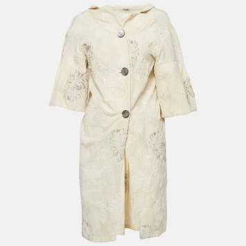 Pre Owned Miu Miu Cream Textured Floral Jacquard Buttoned Mini Shirt Dress M