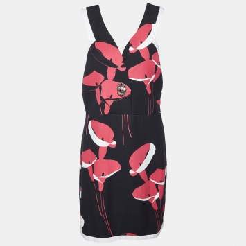 Pre Owned Miu Miu Black Floral Print Cady Turn Lock Detail Sleeveless Dress M