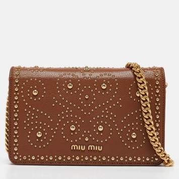 Pre Owned Miu Miu Brown Leather Studded Wallet on Chain