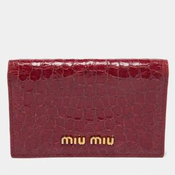 Pre Owned Miu Miu PInk Croc Embossed Leather Flap Card Case