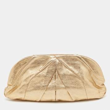 Pre Owned Miu Miu Gold Leather Pleated Oversized Clutch