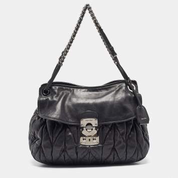 Pre Owned Miu Miu Black Matelassé Leather Sacca 2 Hobo