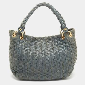 Pre Owned Miu Miu Blue Woven Leather Snap Hobo