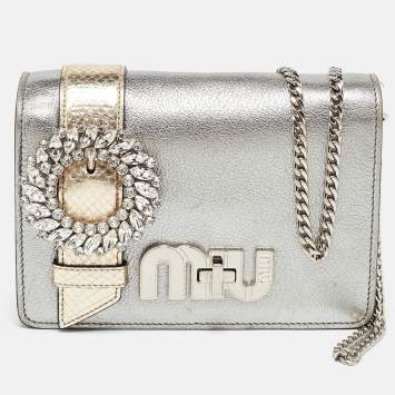 Pre Owned Miu Miu Silver/Gold Leather and Watersnake Leather Crystal Embellished Clutch Bag
