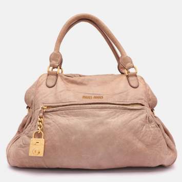 Pre Owned Miu Miu Beige Leather Lily Distressed Satchel