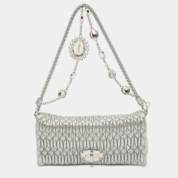 Pre Owned Miu Miu Silver Matelassé Leather Crystals Shoulder Bag
