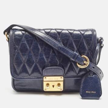 Pre Owned Miu Miu Navy Blue Vitello Shine Leather Pushlock Flap Crossbody Bag