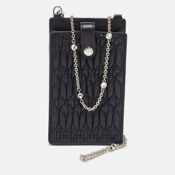 Pre Owned Miu Miu Black Matelasse Leather Phone Holder Crossbody Bag