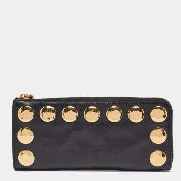 Pre Owned Miu Miu Black Crackled Glossy Leather Studded Continental Wallet