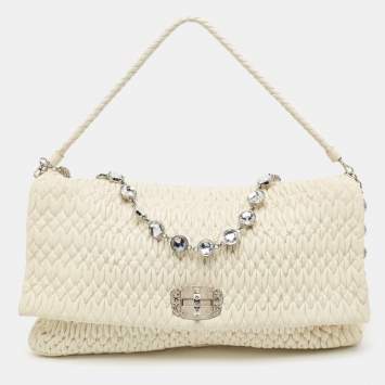 Pre Owned Miu Miu White Matelassé Leather Crystal Cloqué Flap Shoulder Bag