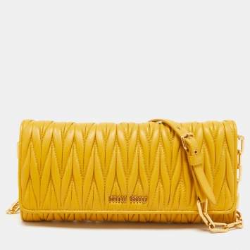 Pre Owned Miu Miu Mustard Matelassé Leather Flap Wallet On Chain
