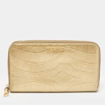 Pre Owned Miu Miu Gold Croc Embossed Leather Zip Continental Wallet