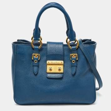 Pre Owned Miu Miu Blue Madras Leather Pushlock Tote