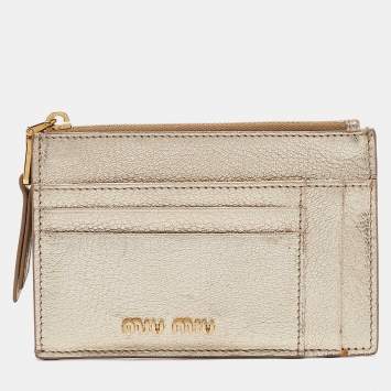 Miu Miu Metallic Gold Madras Leather Zip Card Holder