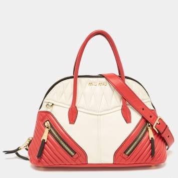Pre Owned Miu Miu Red/White Leather Biker Dome Satchel