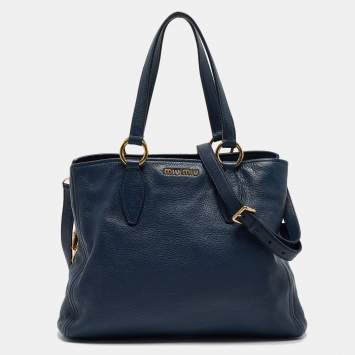 Pre Owned Miu Miu Navy Blue Vitello Leather Side Zip Tote