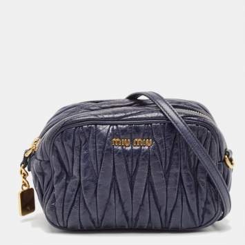 Pre Owned Miu Miu Navy Blue Matelassé Leather Camera Crossbody Bag