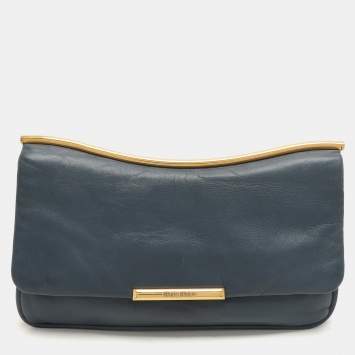Pre Owned Miu Miu Dusty Blue Leather Flap Frame Clutch