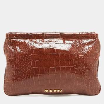 Pre Owned Miu Miu Brown Croc Effect Patent Leather Frame Clutch