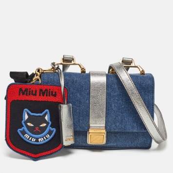 Pre Owned Miu Miu Blue/Silver Denim and Leather Flap Shoulder Bag