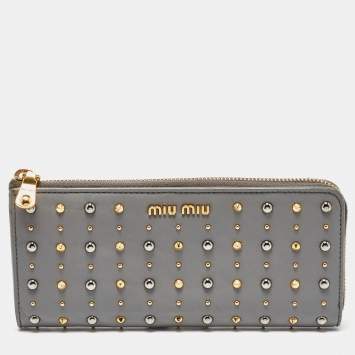 Miu Miu Grey Leather Studded Zip Continental Wallet