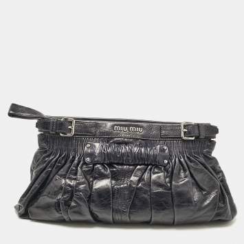 Pre Owned Miu Miu Dark Blue Leather Ruched Buckle Clutch