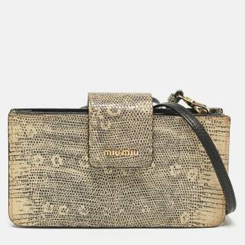 Pre Owned Miu Miu Beige/Black Lizard Embossed Leather Crossbody Bag