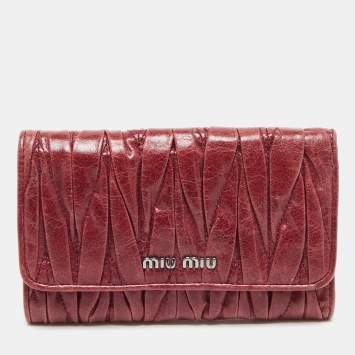 Pre Owned Miu Miu Burgundy Matelassé Leather Flap Trifold Wallet