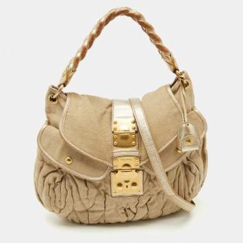 Miu Miu Beige/Gold Linen and Leather Coffer Satchel