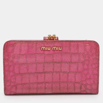 Pre Owned Miu Miu Pink Leather and Croc Embossed Patent Leather French Wallet