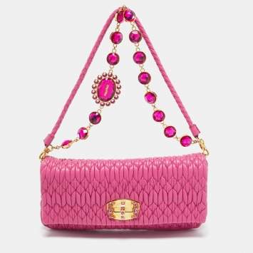 Pre Owned Miu Miu Fuchsia Matelasse Leather Small Crystal Flap Shoulder Bag