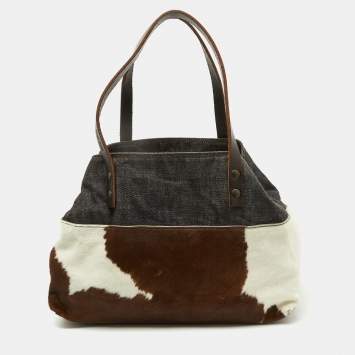 Pre Owned Miu Miu Brown Animal Print Calf Hair, Denim and Leather Tote