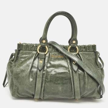 Pre Owned Miu Miu Green Vitello Lux Gathered Leather Satchel
