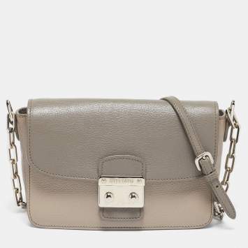 Pre Owned Miu Miu  Beige/Grey Madras Leather Pushlock Flap Chain Shoulder Bag