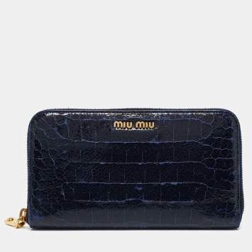 Pre Owned Miu Miu Navy Blue Croc Embossed Shine Leather Zip Continental Wallet