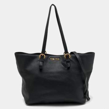 Pre Owned Miu Miu Black Vitello Daino Leather Shopper Tote