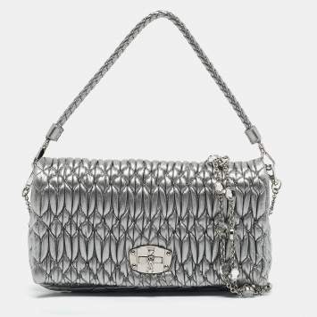 Pre Owned Miu Miu Silver Matelasse Leather Crystal Flap Shoulder Bag