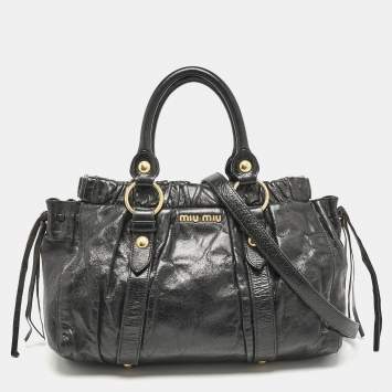 Pre Owned Miu Miu Black Vitello Lux Leather Ruched Tote 