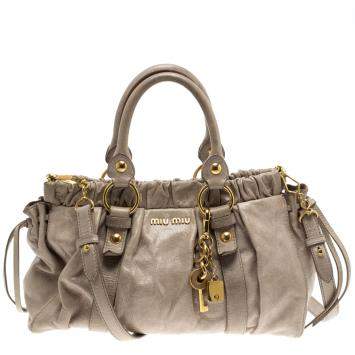 Pre Owned Miu Miu Beige Glazed Leather Luxe Ruched Top Handle Bag