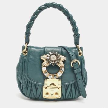 Pre Owned Miu Miu Green Matelassé Leather Mini Crystals Embellished Coffer Hobo