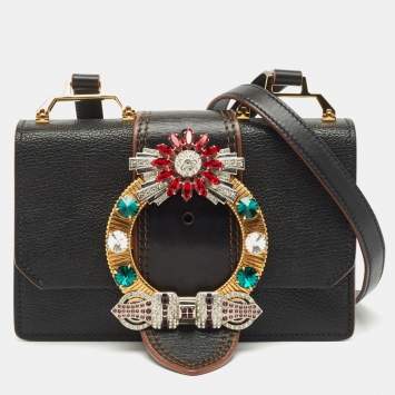Pre Owned Miu Miu Black Madras Soft Leather Crystals Embellished Flap Shoulder Bag