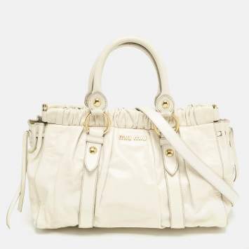 Miu Miu Off White Vitello Shine Leather Gathered Tote