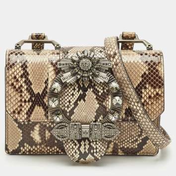 Pre Owned Miu Miu Beige Python Crystals Embellished Flap Shoulder Bag