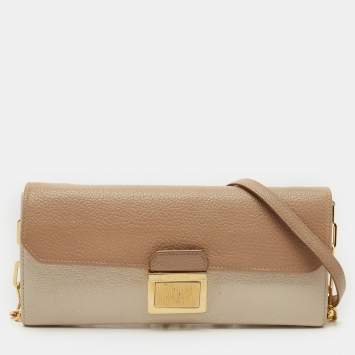 Pre Owned Miu Miu Two Tone Beige Leather Pushlock Flap Wallet on Chain