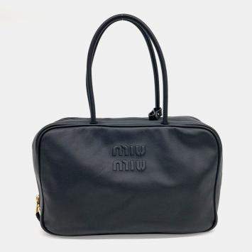 Miu Miu Black Leather Embossed Logo Bowling Bag
