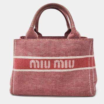 Pre Owned Miu Miu Red Fabric Denim Logo Tote and Shoulder Bag
