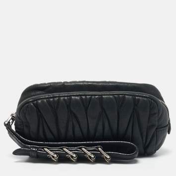 Pre Owned Miu Miu Grey Matelasse Leather Wristlet Clutch 