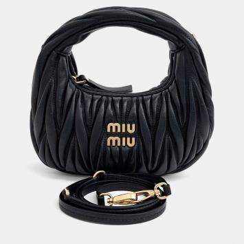 Miu Miu Black Leather Wander Matrasse Hobo Mini Bag